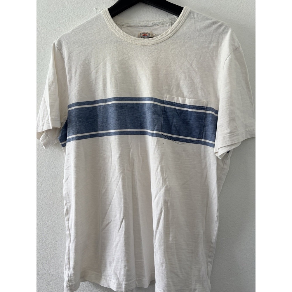 Faherty Brand Men's T-Shirt Medium Cream Blue Stripe Pocket Short Sleeve